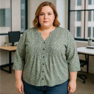 Sonoma Womens Floral Green 2X Peasant Top Elastic In Back Button Up cottage core